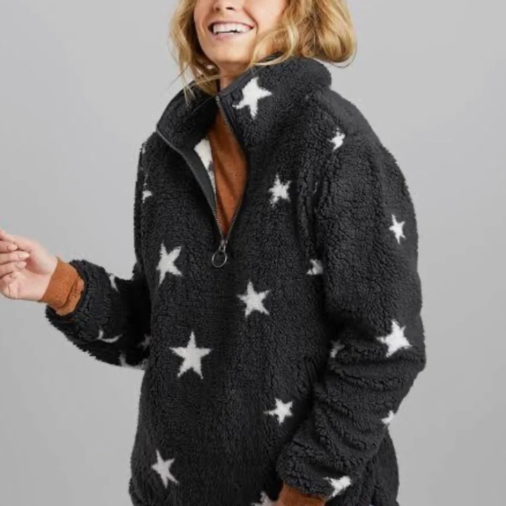 COZY SHERPA Black & White Star Sherpa Faux Fur Pullover 1/4 Zip  Warm Jacket XL